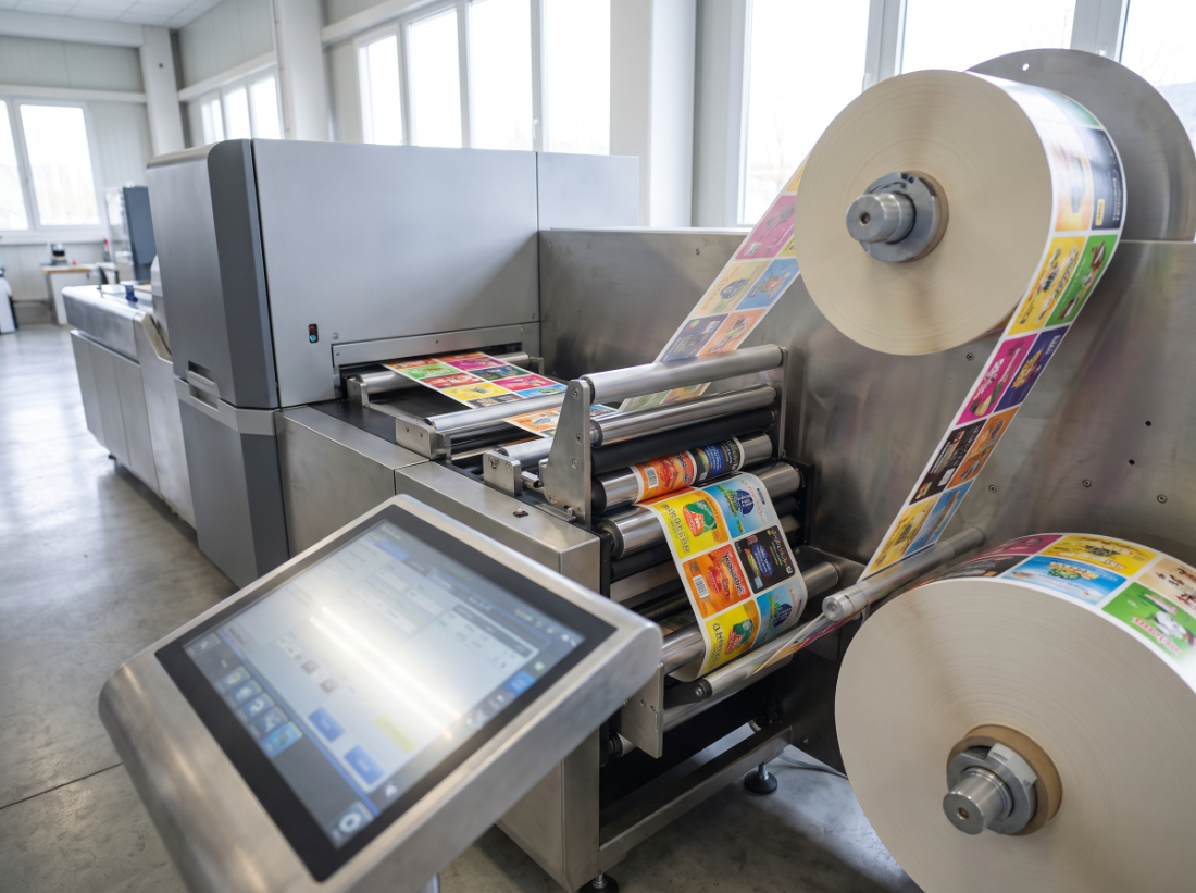 Digital label press printing a roll of custom labels